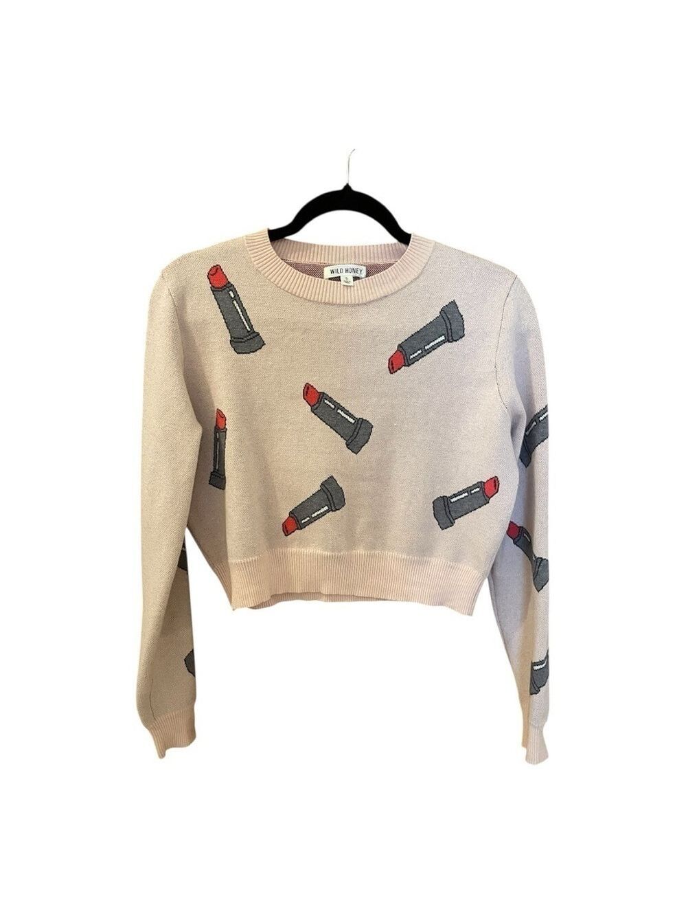 Wild Honey Sweater, Size S, Cropped, Pink with Lipstick Print.